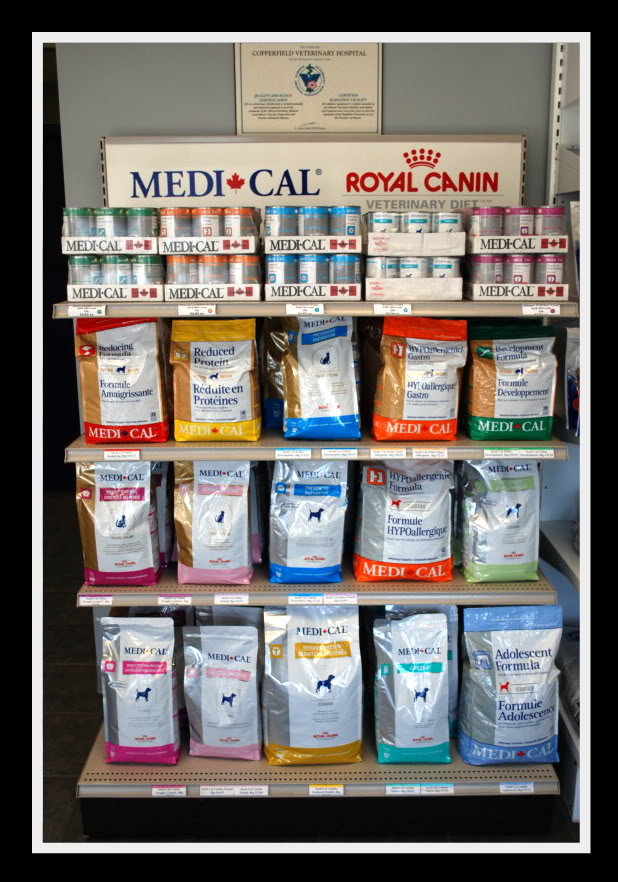 Prescription pet food displayed inside Copperfield Veterinary Hospital